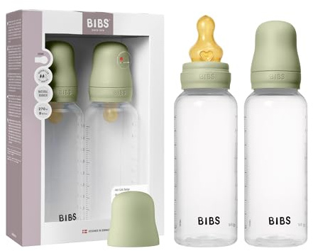 BIBS Biberon en plastique, 270 ml, 2-pack, Tétine en latex naturel, Sage | Anti-colique | Tétine en latex naturel | Débit moyen | Plastique sans BPA | Adapté à l’allaitement | Fabriqué au Danemark