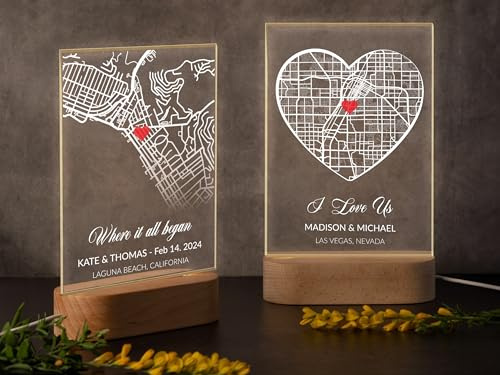 Where We Met Map Gifts - Regalos de San Valentín para ella, luz nocturna personalizada para parejas, placa acrílica personalizada para nuestra primera cita, placa de ubicación donde todo comenzó