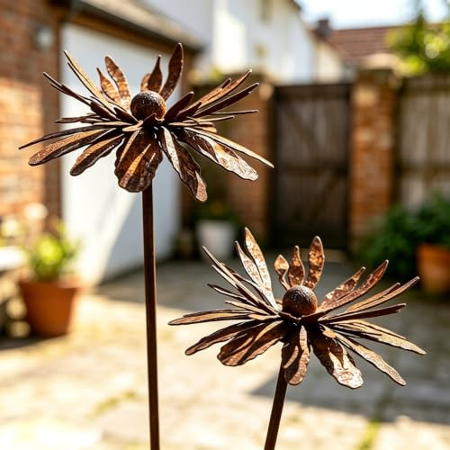 2er Set Rostige Gartendeko Cortenstahl, Wetterfeste Gartenstecker Metall Blume Mohn, Vintage Rost Deko für Garten Beet Topf und Außenbereich, Naturrost Beetstecker Frühlingsdeko für Draußen