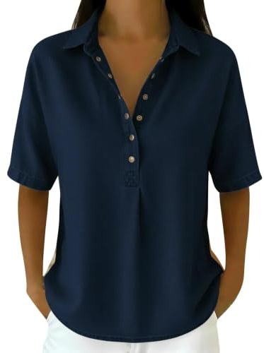 Dam kortärmad denimskjorta sommar krage blus vardaglig tunika toppar | Polokrage Chambray-skjorta, Button-down jeansskjorta, denim topp för vardagskläder