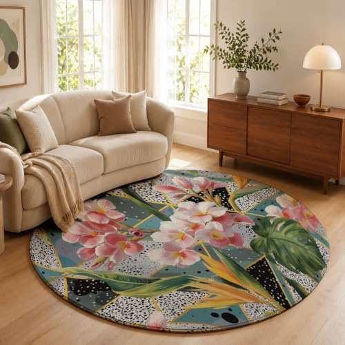ZISTRCBAO Tappeto Rotondo Frangipani Monstera Deliziosa Tappeti | 100cm Salotto Lavabile in Lavatrice Antiscivolo Fiori Geometrici Tropicali Tappeto Cameretta Scendiletto Camera Da Letto Ufficio