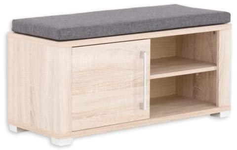 Stella Trading GO Schuhbank mit Sitzfläche in heller Sonoma Eiche Optik - bequeme Sitzbank mit Stauraum für Ihren Flur - 90 x 44 x 36 cm (B/H/T)