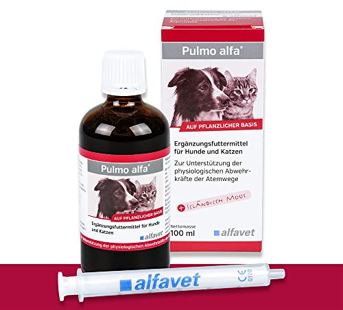 Alfavet Pulmo Alfa - 100 ml, Unterstützung der Atemwege für Hunde & Katzen | Ergänzungsfuttermittel zur Stärkung der Bronchien mit Süßholz & Efeu, inkl. Dosierspritze für einfache Anwendung