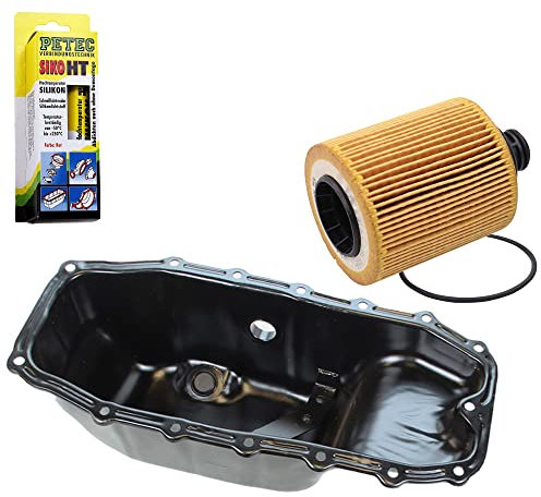 BESTPRICE 1x Ölwanne mit Bohrung für Ölstandsensor, 1x Ölfilter, 1x 70ml Hochtemperatursilikon rot Kompatibel mit OPEL AGILA, ASTRA H, COMBO, CORSA C, CORSA D, MERIVA A (X03), TIGRA TwinTop (X04)
