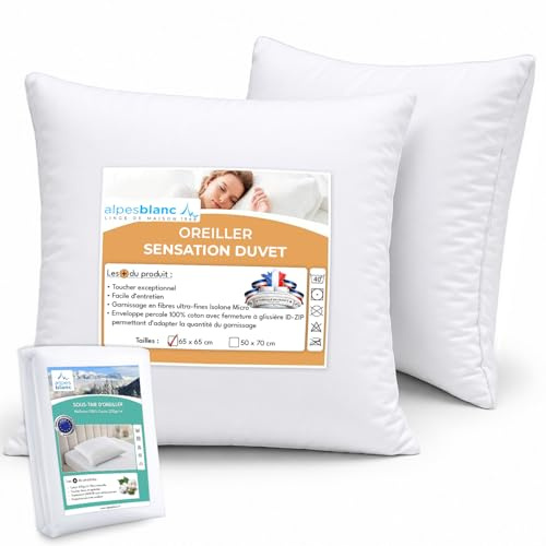 Alpes Blanc – Lot de 2 Oreillers Sensation Duvet, Moelleux et Gonflants, Confort Hôtel + 2 sous-Taies de Protection – Enveloppe 100% Coton – Fabrication Française – Lavables – 65 x 65 cm