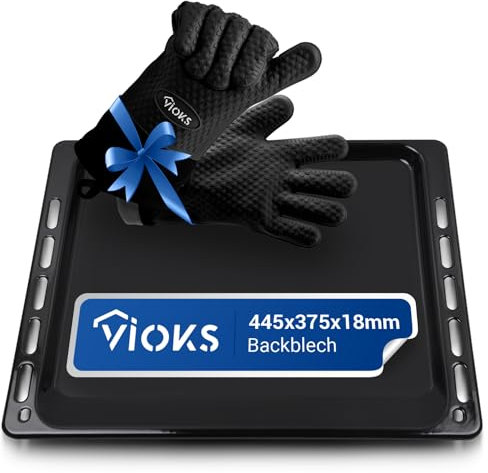 VIOKS Tiefes Backblech 445 x 375 x18 mit 2x Grillhandschuhe Hitzebeständig aus Silikon SET & Email Backblech Ersatz für Bаuknecht 481010539881 / Backblеch 44,5 x37,5 für 45 cm breit Backofen