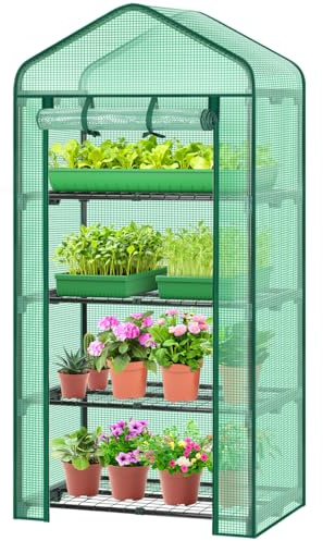 Ohuhu Mini Greenhouse for Indoor Outdoor, 27 x 19 x 62-Inch Small Plant Green House 4-Tier Rack Stand Portable Greenhouses with Durable PE Cover for Seedling, Ideal Gardening Gifts for Women Men