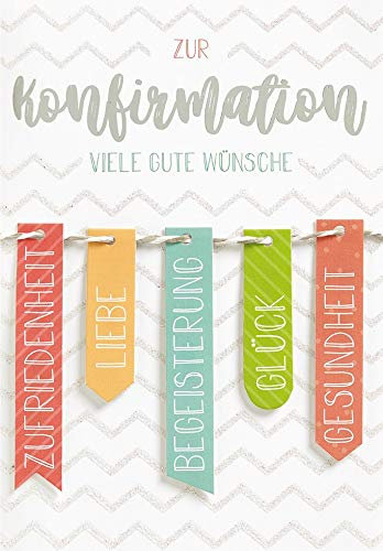 Perleberg Karte zur Konfirmation - Lifestyle Collection - Glückwunschkarte Konfirmation mit Papierwimpel - Konfirmationskarte mit farblich passendem Umschlag in 11,6 x 16,6 cm