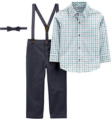 Simple Joys by Carter's Toddler Boys' 4-piece Special Occasion Bow-tie and Suspender Trouser Set, Charcoal/Green Grey Checked/Navy Dots, 2 Years