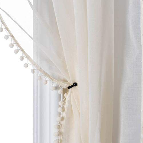 MISS SELECTEX Vorhänge in Leinenoptik mit Pompons und Quasten, Stangentasche, Voile, halbtransparente Vorhänge für Wohnzimmer und Schlafzimmer, Set mit 2 Vorhängen, 132,1 x 213,4 cm, elfenbeinfarben