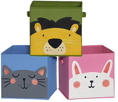 SONGMICS Boîte à jouets, lot de 3, Coffre de rangement pour enfants, Organisateur pliable avec poignées, pour salle de jeux, 30 x 30 x 30 cm, thème animaux, Bleu, Vert et Rose RFB075P01