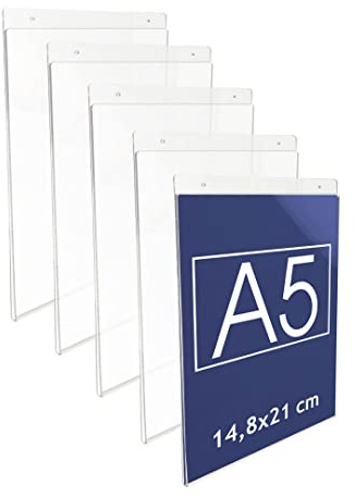 Danieli Store - Soporte de Pared de Metacrilato A5 Vertical para Carteles y Posteres. Expositor con Orificios para la Fijación Mural. Soporte de Acrílico Transparente para Avisos (5 unidades)