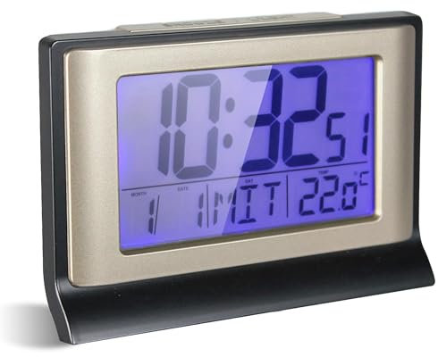 FISHTEC - Réveil Numérique Réveil Digital 13CM Radio Piloté – Ecran LCD avec Rétroéclairage Bleu - Grands Chiffres - Alarme avec Fonction Snooze - Fonction Température - Reveil à Piles
