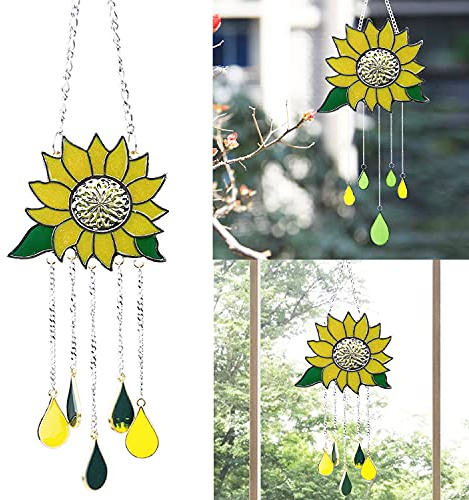 Campanilla de viento de girasol, colgante de girasol, colgante de goteo, atrapasueños manchado, adorno de jardín, decoración para exteriores, interiores, hogar, dormitorio, sala de estar, ventana,