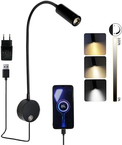 Lampes de Lecture Murales avec interrupteur Tactile Dimmable, LumièRes de Lit à LED avec Port USB, 3W Lampe à Col de Cygne Flexible, MontéE Sur Le Mur à CôTé Des Applique Liseuse en Aluminium, 3000K
