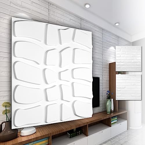 HEXIM 3D-väggpaneler, PVC-plast, vita – stenlook, designpaneler, 50 x 50 cm, väggbeklädnad (5QM HD065), väggplattor, väggutseende, takpaneler