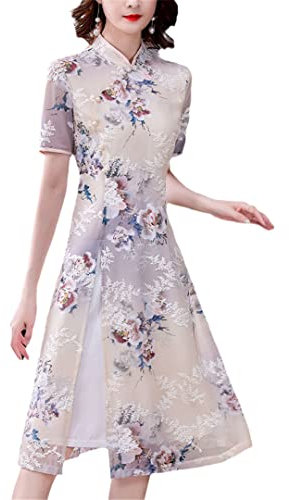 Cheongsam Women Vintage Embroidery Stand Collar Summer Midi Dress Elegant Slim Short Sleeve Female Qipao Beige L