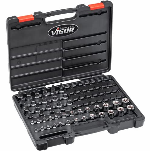 VIGOR T-Plus Steckschlüsseleinsatz Satz ∙ V7920 ∙ Vierkant6,3 mm (1/4 Zoll), Vierkant10 mm (3/8 Zoll), Vierkant12,5 mm (1/2 Zoll) ∙ E+ Profil, T+ Profil, Innen-5-Stern Profil mit Zapfen