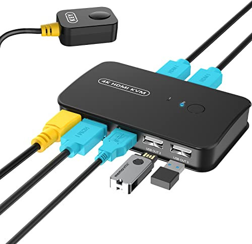 Rybozen KVM Switch USB Switches with 4K@30Hz HDMI for 2 PCs Share 1 Monitor Display and 3 USB Ports for Wireless Keyboard Mouse Printer, KVM Switcher with Desktop Control & 2 KVM Cables