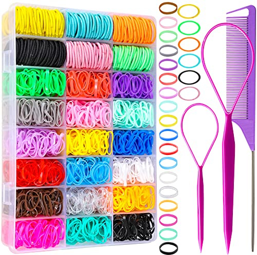 YGDZ Hair Ties, 1500pcs Elastic Hair Bands, 120pcs Baby Hair Ties, Hair Accessories for Girl, Toddler, [multiple colors], With Hair Tail Tools, Rat Tail Comb