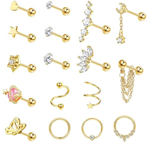 KALVICA 17 Piezas Hipoalergenicos Pendientes Mujer Acero Quirurgico Helix Piercing Oreja Cartilago Pendientes Para Mujer CZ Piercing Tragus Conch Nariz Labio 16G Plata Oro Oro Rosa(G)