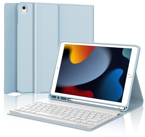 KVAGO Teclado para iPad 9 generación - Funda Teclado Inalámbrico para iPad 10.2 9ª Gen 2021/8ª Gen 2020/7ª Gen 2019, Español Keyboard Bluetooth Desmontable para iPad 10.2/Air 3 /Pro 10.5, Azul