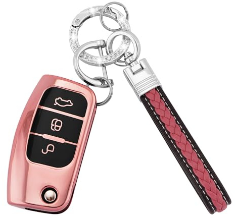 Autoschlüssel Hülle für Ford 3 Tasten TPU Schlüsselhülle, Roségold | für Focus Fiesta Galaxy Kuga C-Max S-Max Mondeo MK4 Auto Schlüssel Hülle Schlüsselcover mit Schlüsselanhänger