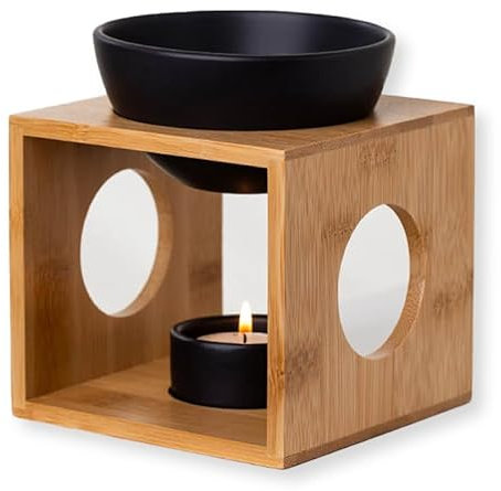 rooted. Lámpara aromática de bambú con vela de té, diseño de bambú y cerámica, calentador de madera para aceites esenciales, aceite aromático y cera aromática, color negro natural y mate, calidad de