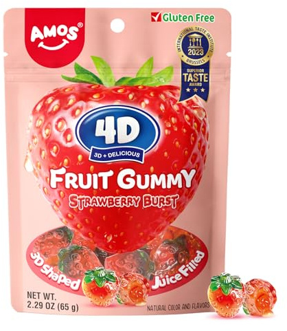 Amos 4D Fruchtgummi Mit Erdbeeren, Süßigkeiten Mit Natürlichem Erdbeeren, 65g Beutel (3er Pack)