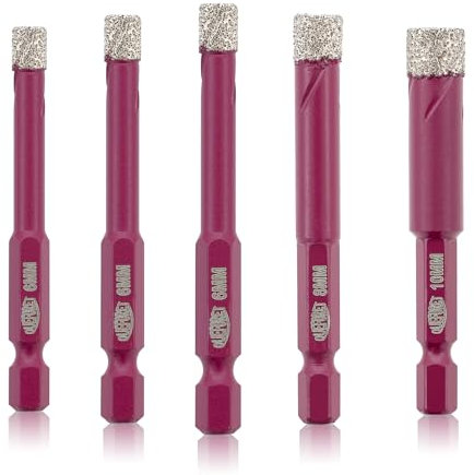 QUEFORET Punte Diamantate Gres Porcellanato - 5 Pezzi 6/6/6/8/10mm Punte Trapano per Porcellana Piastrelle Ceramica Marmo Granito, Gambo Esagonale a Cambio Rapido