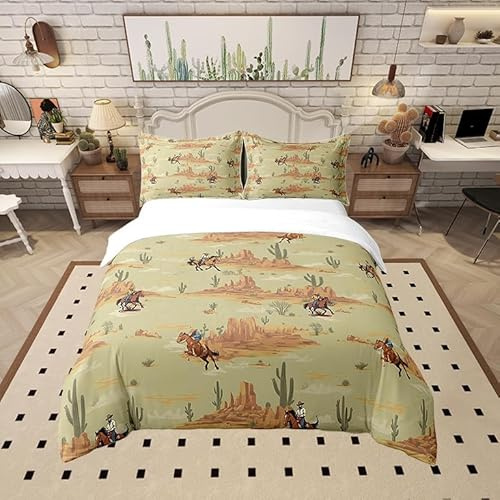 Western Cowboy 100 Percent Cotton Bedding Set Full Size Desert Cactus Plant Duvet Cover Rustic Farmhouse Comforter Cover Animal Horse Pastel Green Bedspread Cover 3Pcs,Comforter Not Included