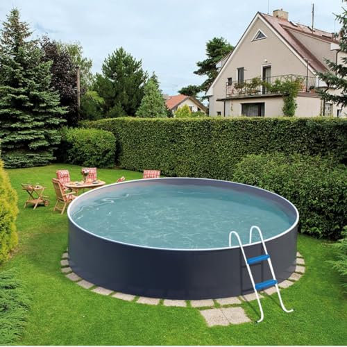 poolomio® Stahlwandpool rund 360 x 120 cm Graphite/Weiß | Robuster Gartenpool als Aufstellbecken oder Einbaupool | Aufstellpool Komplettset mit Innenfolie 0,5 mm, Skimmer & Einlaufdüse