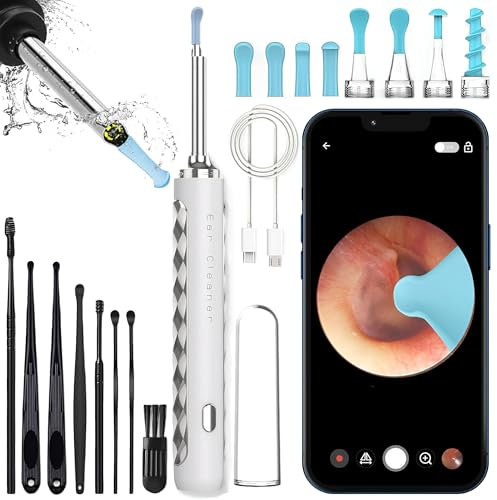 ARCIK Otoscopio Limpiador Oidos Adultos - Otoscopio Limpiador de Oidos Cera con Camara HD - Ear Cleaner con 6 Puntas de Silicona y 7 Accesorios - Compatible Android e iOS, color Azul/Blanco (Blanco)