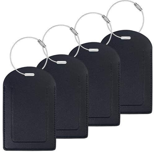 Gloppie Etiquetas para Equipaje - 4 Piezas de Cuero PU con Funda de Privacidad y Tarjeta de Identificación - Aprobado TSA para Maletas y Equipaje de Mano (Negro)