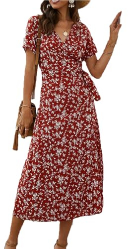 BSLVWG Robe d'été mi-longue à manches courtes et col en V pour femme, robe mi-longue, décontractée, motif floral, robe de vacances, rouge vin, XL
