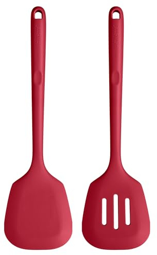 U-Taste Extra lunga spatola in silicone: Spatola da cucina solida e scanalata resistente al calore a 315 ℃, flipper da cucina per friggere pancakes di pesce (Rosso, 2 pezzi)