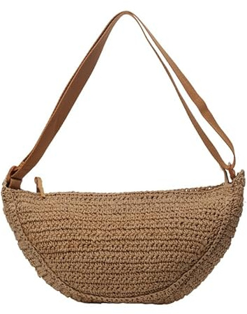 ORINEWS Straw Crossbody Bag Crescent Straw Purse for Women 2024 Crochet Purses Woven Crossbody Bag Fashion Summer Beach Bag