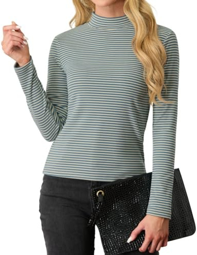 PrinStory Damsweatshirts långa ärmar tröjor dam stretch polotröja t-shirt smal passform toppar höst vinter ledig tunika toppar, Aprikos blå ränder, XL