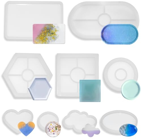 PXBSNB 9 Stück Silikonform Tablett Untersetzer Set, Silikonform Untersetzer in Verschiedenen Stilen, Wiederverwendbar Silikonformen Epoxidharz Gießformen für DIY Tablett Bastelprojekte Heimdekoration