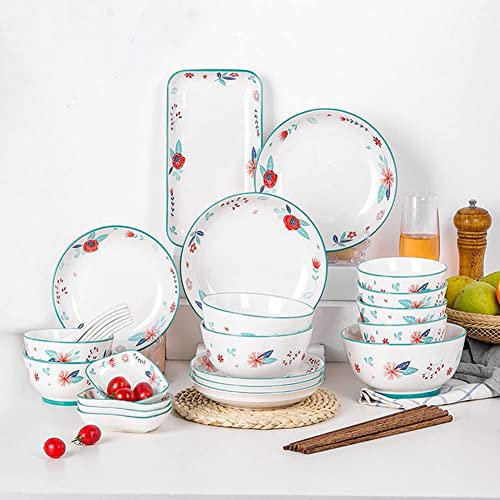 QUSYZD 32-teiliges Geschirrset, exquisites Teller- und Schüsselset mit Aufklebern, frisches und einfaches Porzellanset, spülmaschinen- und mikrowellengeeignet, für 6 Personen,