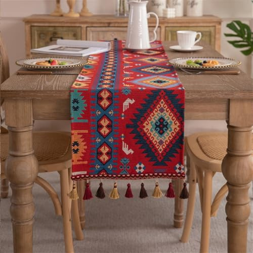Clothfuna Geometric Autumn Jacquard Table Runner, Vintage Boho Table Runner, Red and Blue Cotton Blend with Tassels for Dining Table Party Holiday Outdoor, 33x140 cm/ 13x55 inch