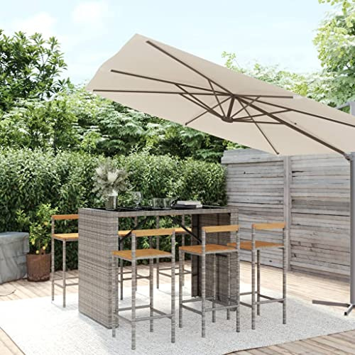 WEMYUFURN 7-TLG. Gartenbar-Set Grau Poly Rattan & Massivholz Akazie, Outdoor-Sitzgruppe, Terrassen-Lounge-Set, Garten-Couchgarnitur - Wetterbeständig, Komfortabel - für Terrasse, Garten und Balkon