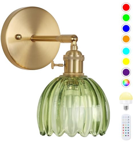 Battery Operated Wall Lights,Rechargeable Wall Lights with Dimmable Detachable Charging Bulbs and Remote,Wireless Wall Light with Deep Green Tulip Glass Lampshade for Living Room Bedroom Hallway