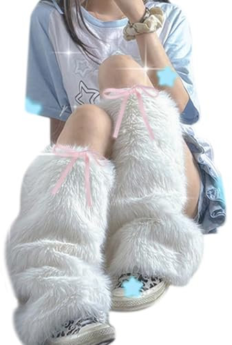ZAYIUKI Plüsch-Beinwärmer für Frauen und Teenager mit süßer Schleife, Flauschige Cosplay-Socken ohne Fuß, knielange Fußbedeckungen, Stiefelstulpen