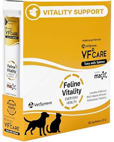 VFcare Feline Vitality Cat Supplement – Lickable Paste for Cat Immune Support & Cat Skin Allergy Relief – Daily Multi-Vitamin with Omega 3, Biotin, Prebiotics, Mac, Taurine – 30 Sachets