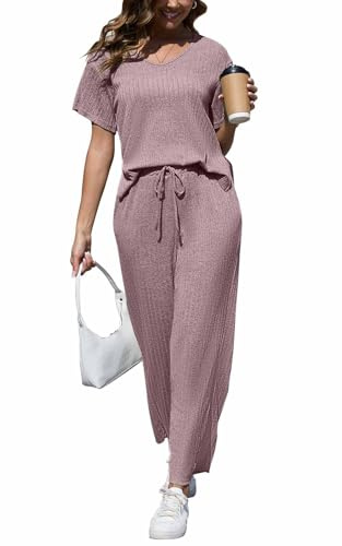 CheChury Conjunto Punto Mujer 2 Piezas Casual Manga Corto Conjunto Chándal Mujer Loungewear Conjunto de Pantalones y Suéteres para Mujer Cómodo Acanalado Corto Top Pantalone Deportivo con Bolsillos