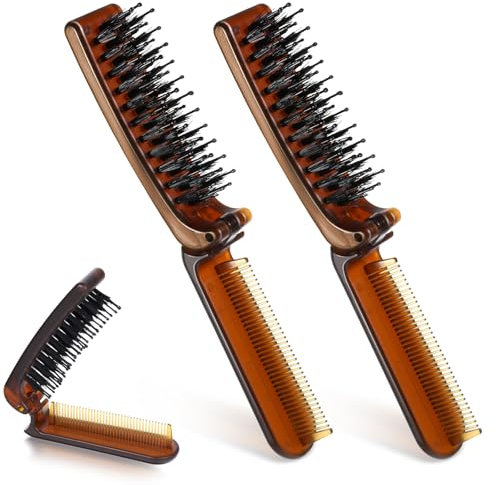 Travel Size Hair Brush, 2 Pcs Collapsible Portable Pocket Nylon Bristle Hairbrush with Fine Tooth Comb Mini Folding Hair Brush for Men and Women Bangs Dry Wet Thick Thin Curly Straight Hair - Amber