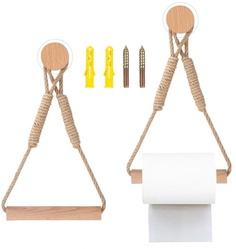 yotutun 2 Stück Toilettenpapierhalter, Ohne Bohren Klopapierhalter Klopapierrollenhalter Handtuchhalter WC Papier Halterung Holz Klorollenhalter Set, Geeignet für Badezimmer