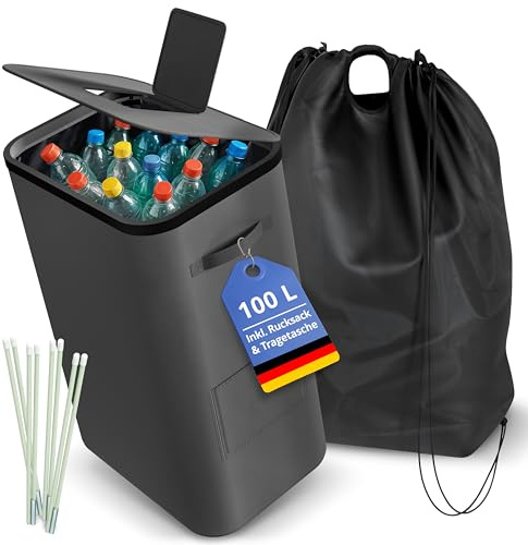 SAMMLEX Pfandflaschen Sammelbehälter mit Deckel Faltbarer Pfandflaschenbehälter 100 L Volumen Leergutbehälter 42×34×75cm Herausnehmbarer Innensack Wasserabweisende Oberfläche Robuster Rahmen Grau