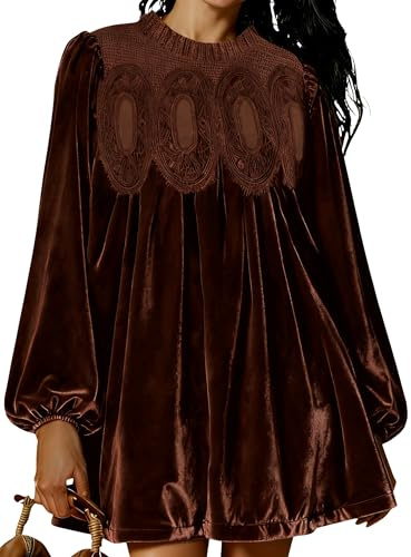 Freyhem Womens Velvet Lace A-Line Overall Casual Pleated Swing Babydoll Wedding Skirtall Scallop Neck Flared Mini Dress(Brown-M)